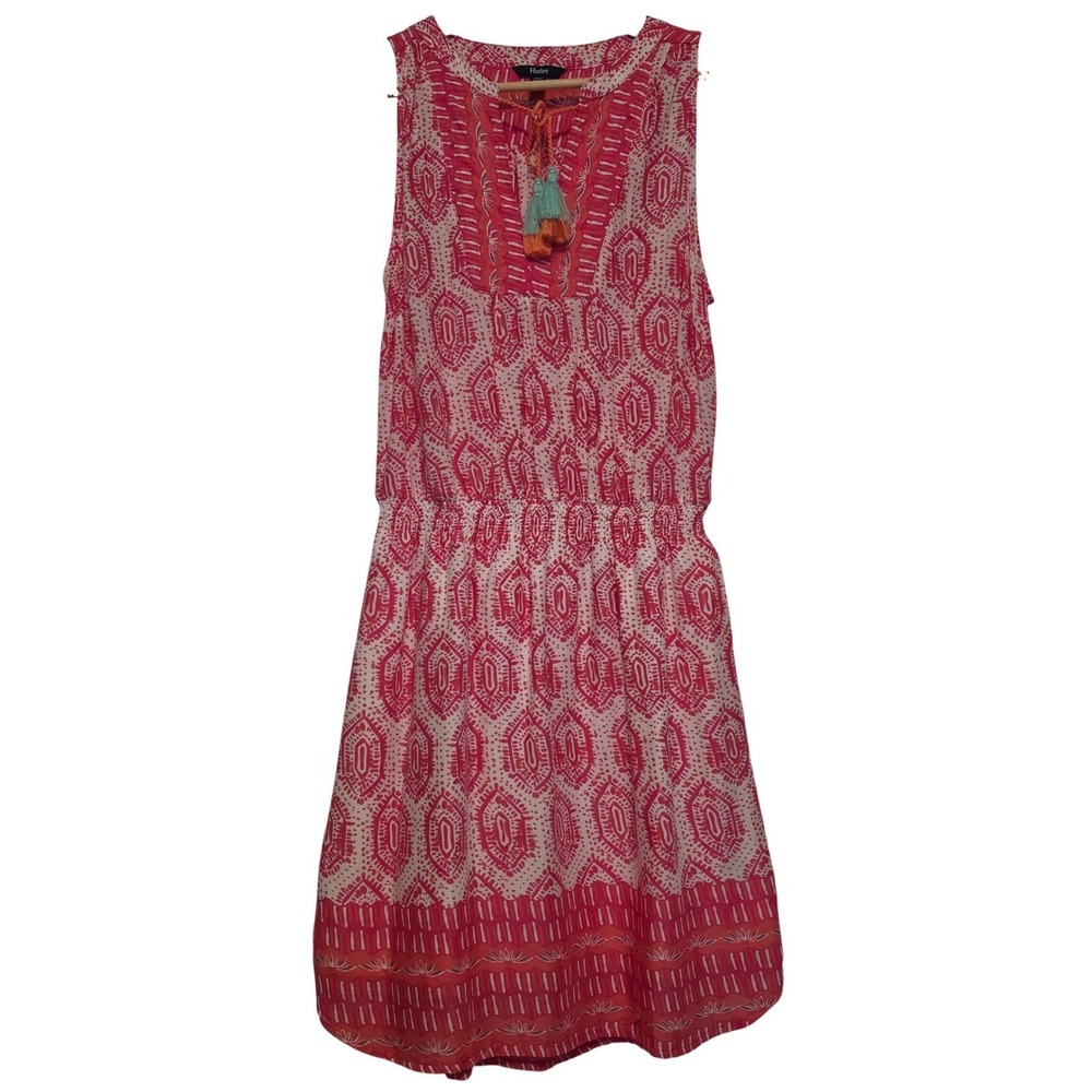 Hatley Geometric Ikat Print Sleeveless Tassel Dress Pink White Medium